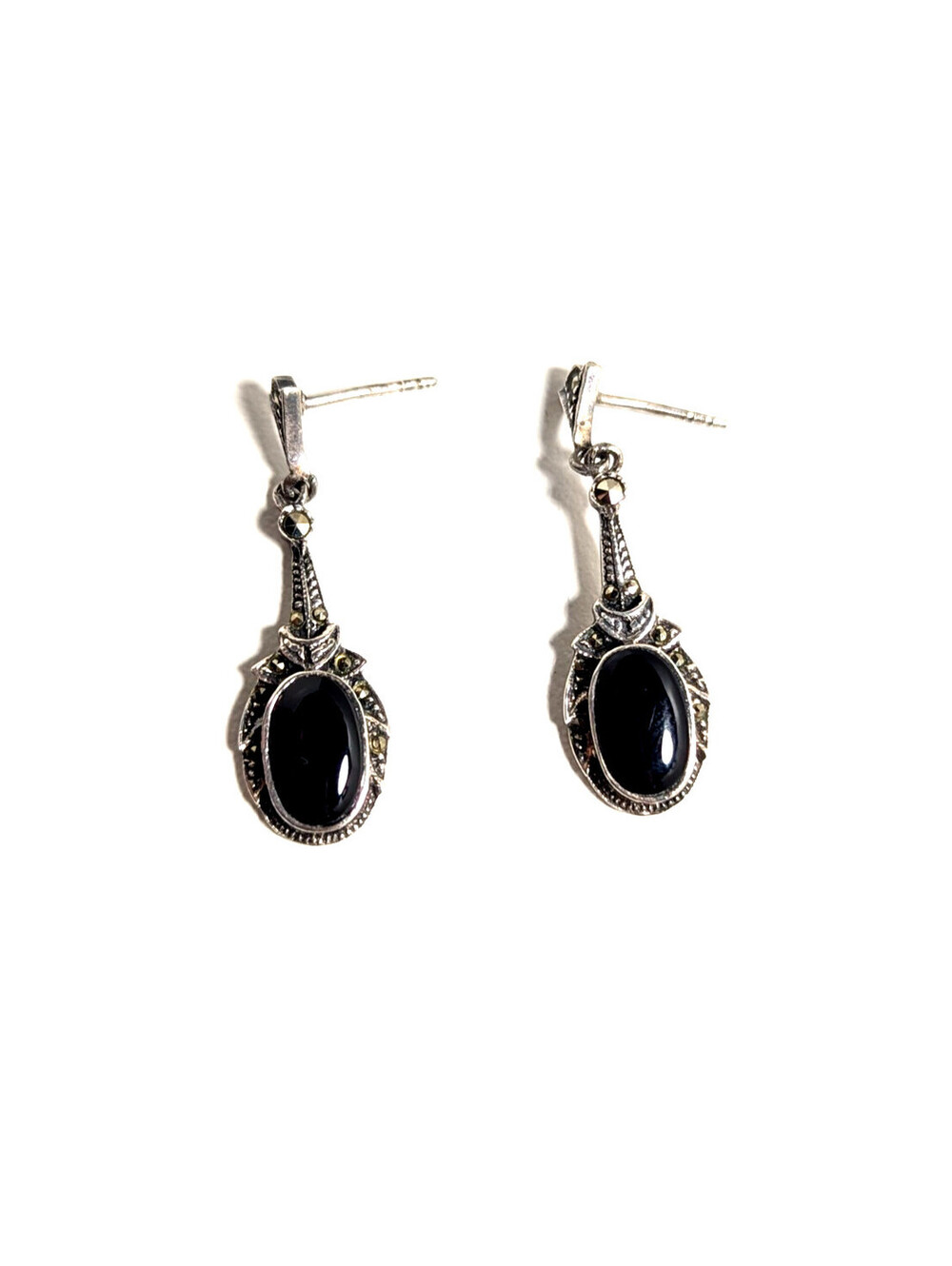 Sterling Silver 925 Vintage Style Black Cabochon Classic Drop Earrings 4.22g